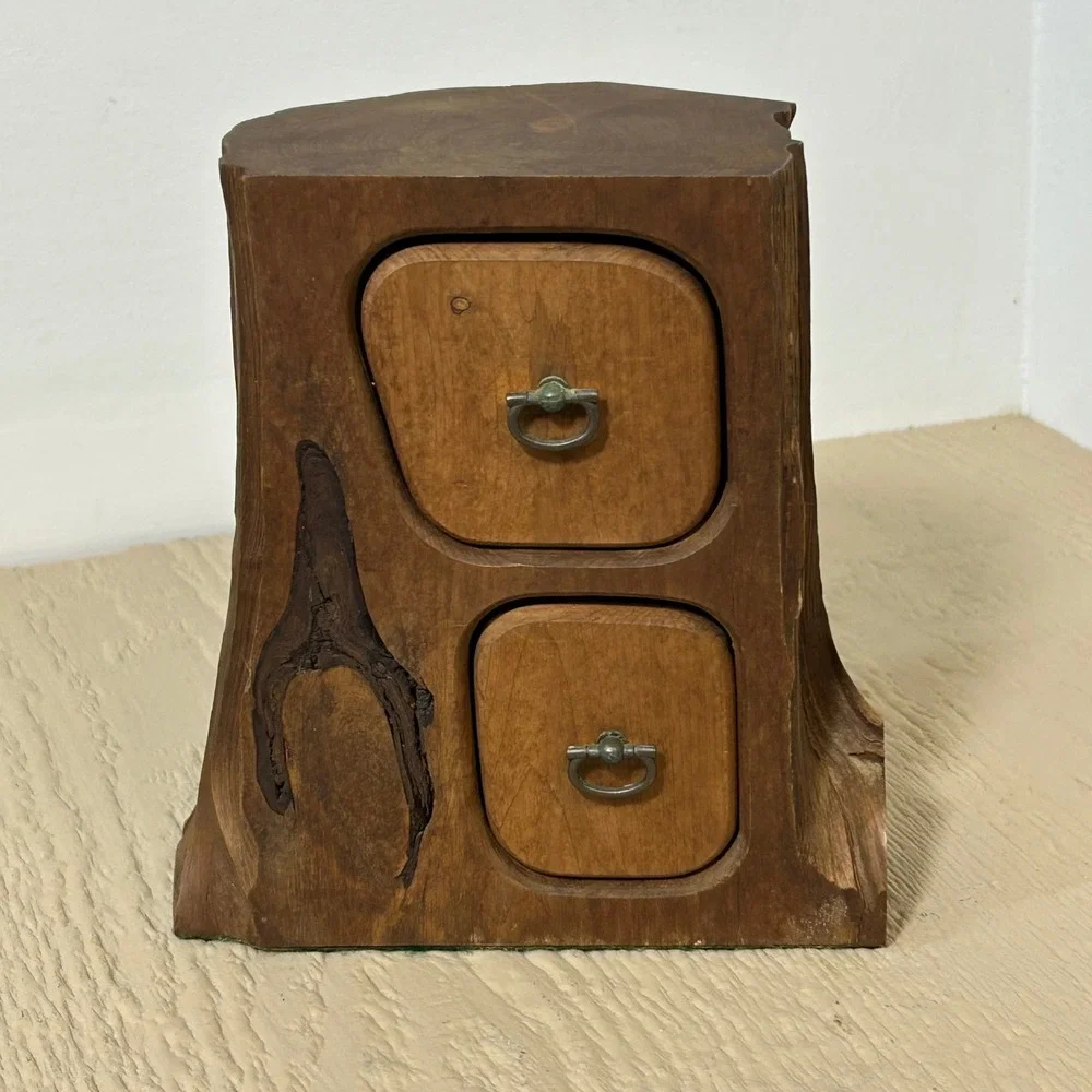 Western Post Holes Wood Jewelry Box 8in Brown Rustic Tree Stump 2 Drawer Trinket